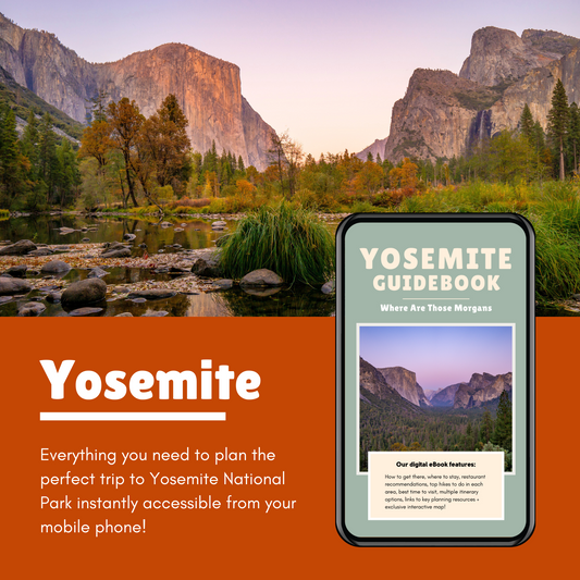 Photo of Yosemite Valley at sunset with a smartphone displaying a guidebook and an orange color block with white text reading Yosemite: Everything you need to plan the perfect trip to Yosemite National Park instantly accessible from your mobile phone.