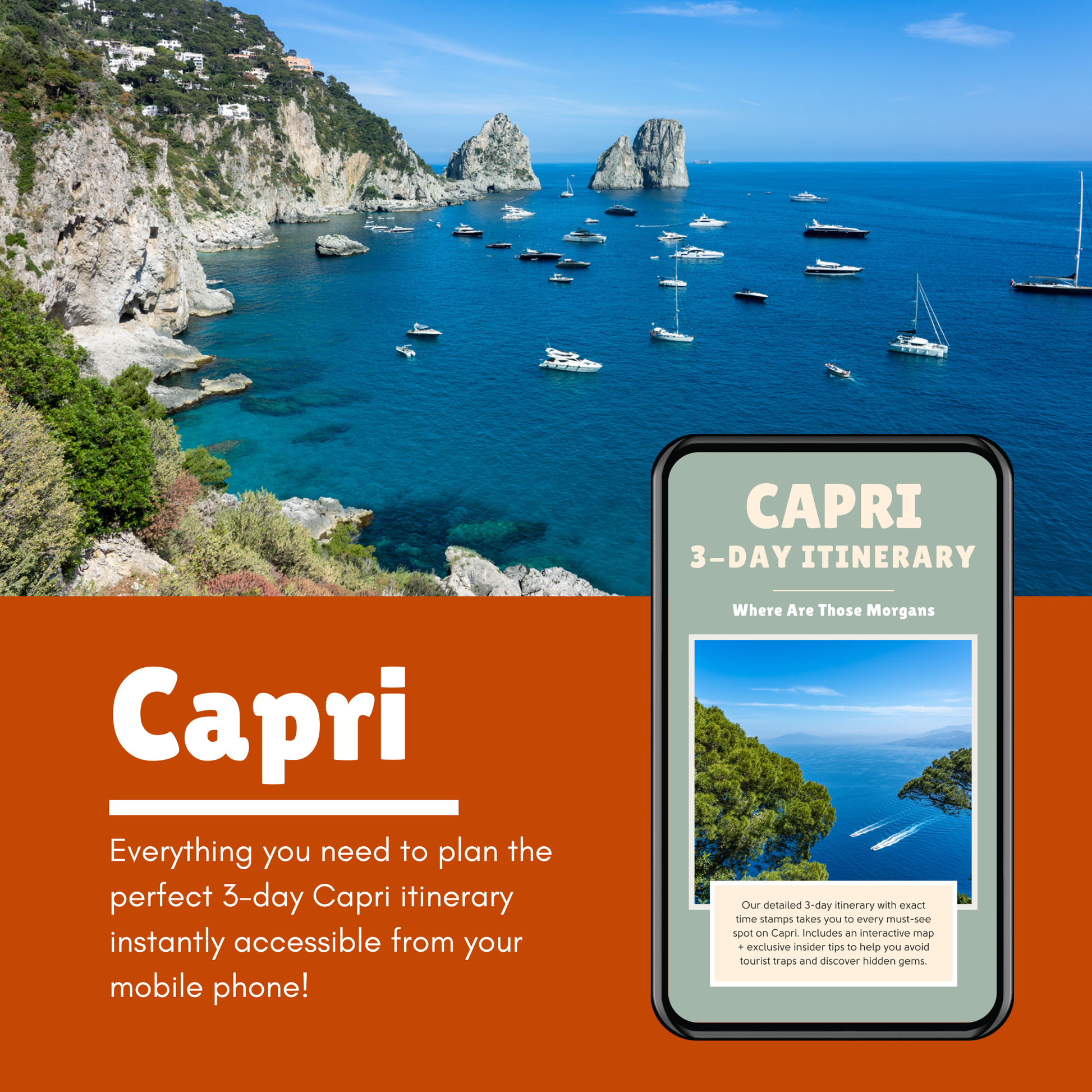 Promotional graphic for a Capri 3-day itinerary with a scenic view of Capri Island and a smartphone displaying the itinerary front cover.