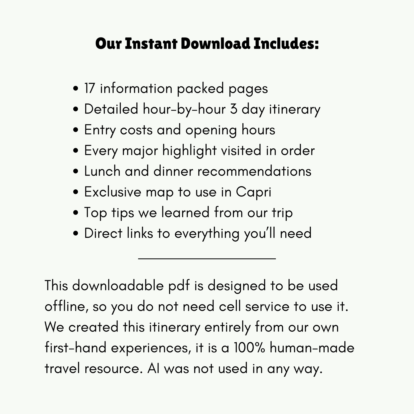 Text list of features included in an instant download about a trip itinerary.