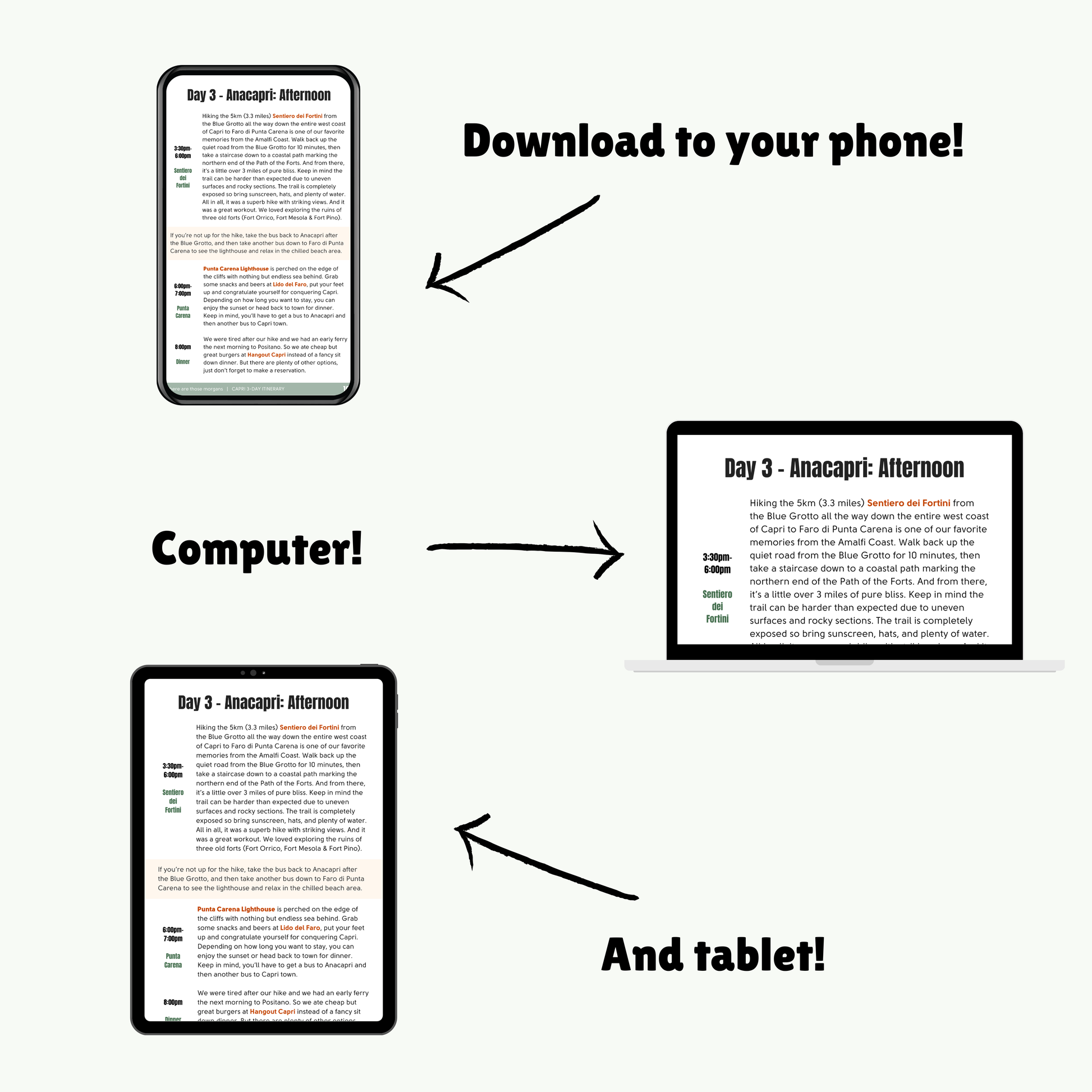 Illustration of text displayed on a phone, computer, and tablet with arrows pointing to each device.
