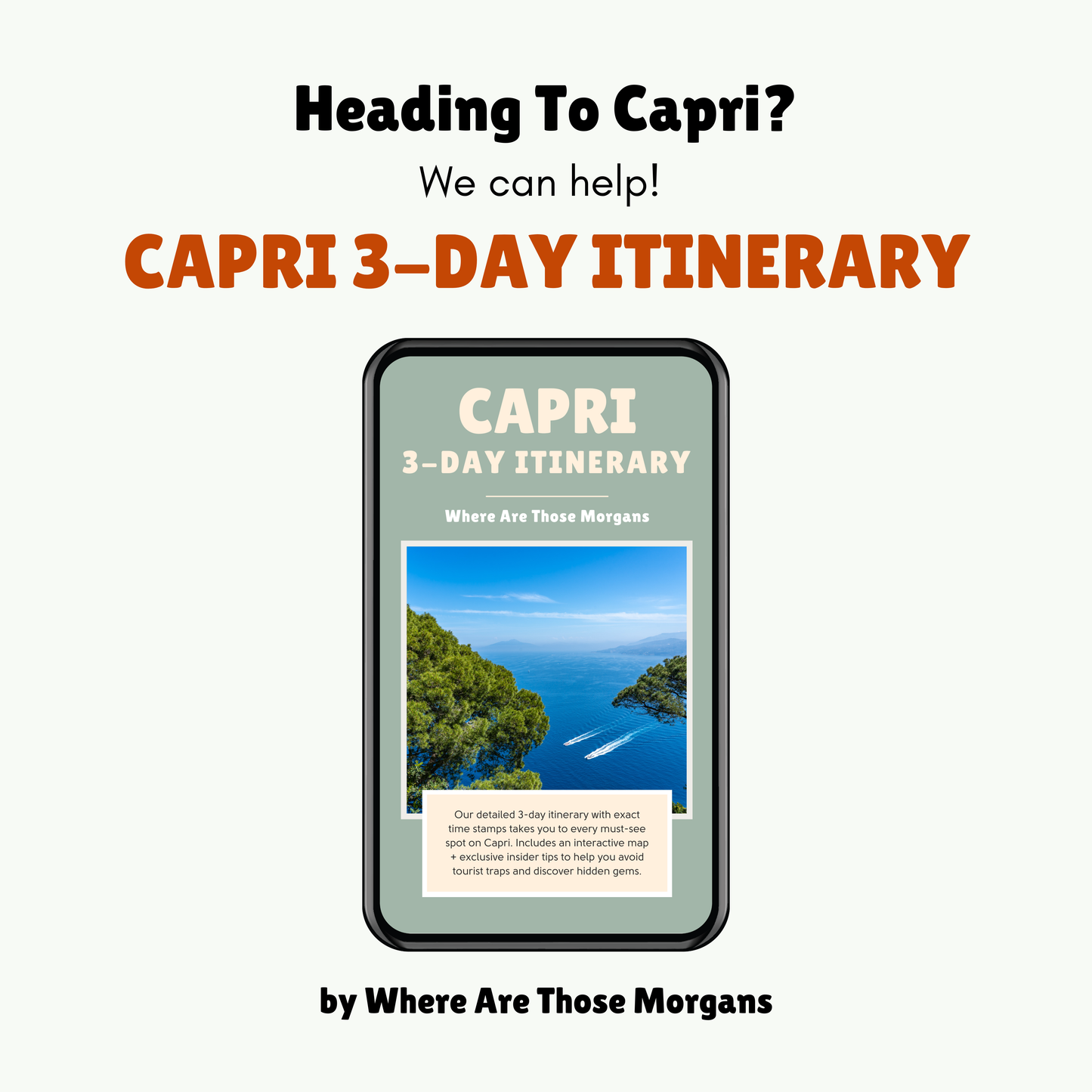 Promotional graphic for a Capri 3-day itinerary with a phone displaying the itinerary.