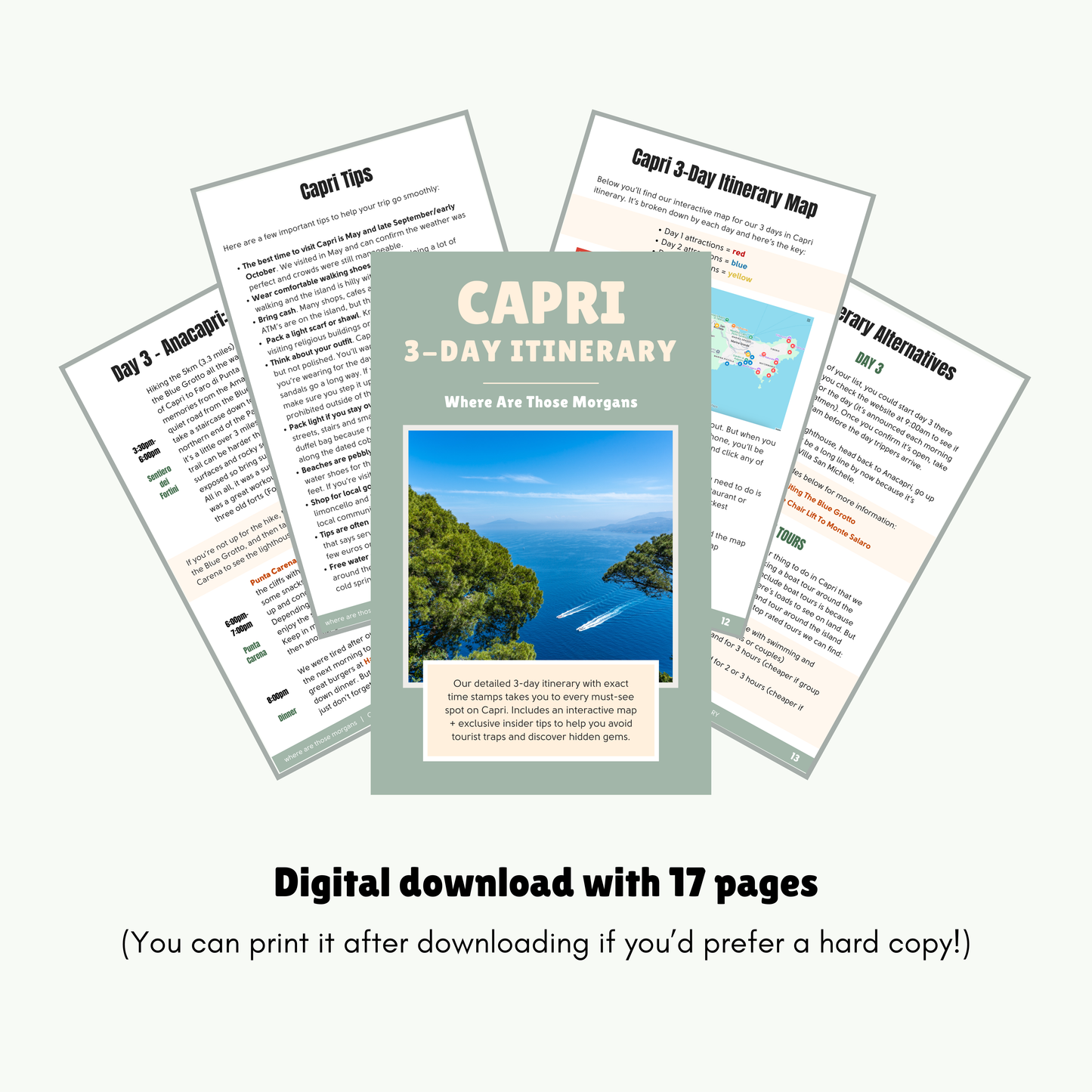 Digital itinerary for Capri with several pages from the digital download displayed as examples of what's inside