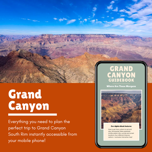 Photo of a vast sandstone landscape with deep canyons, a mobile phone showing a guidebook and an orange color block with white text reading Grand Canyon: Everything you need to plan the perfect trip to Grand Canyon South Rim instantly accessible from your mobile phone.