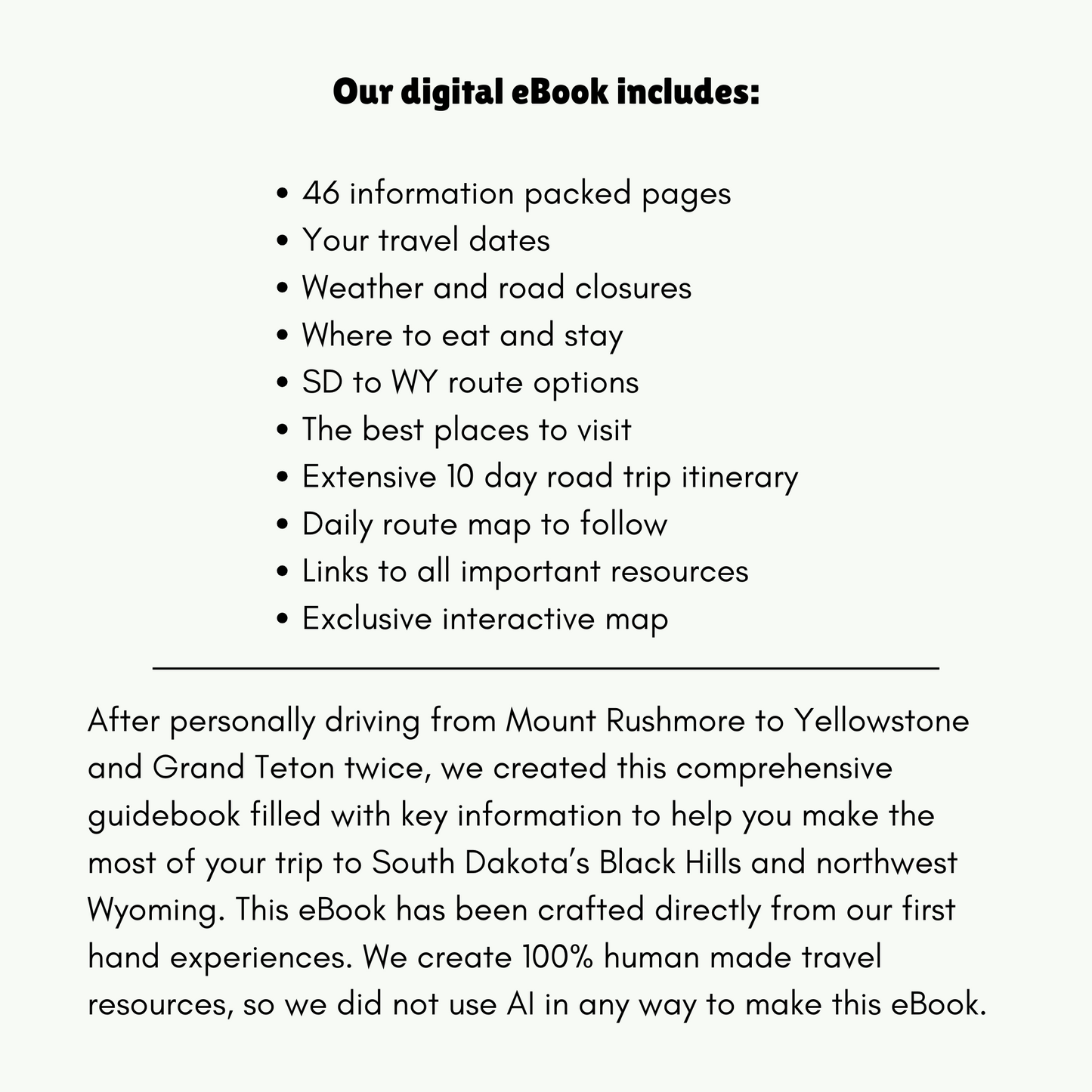 Description and what's included with a Mount Rushmore to Yellowstone road trip guidebook.