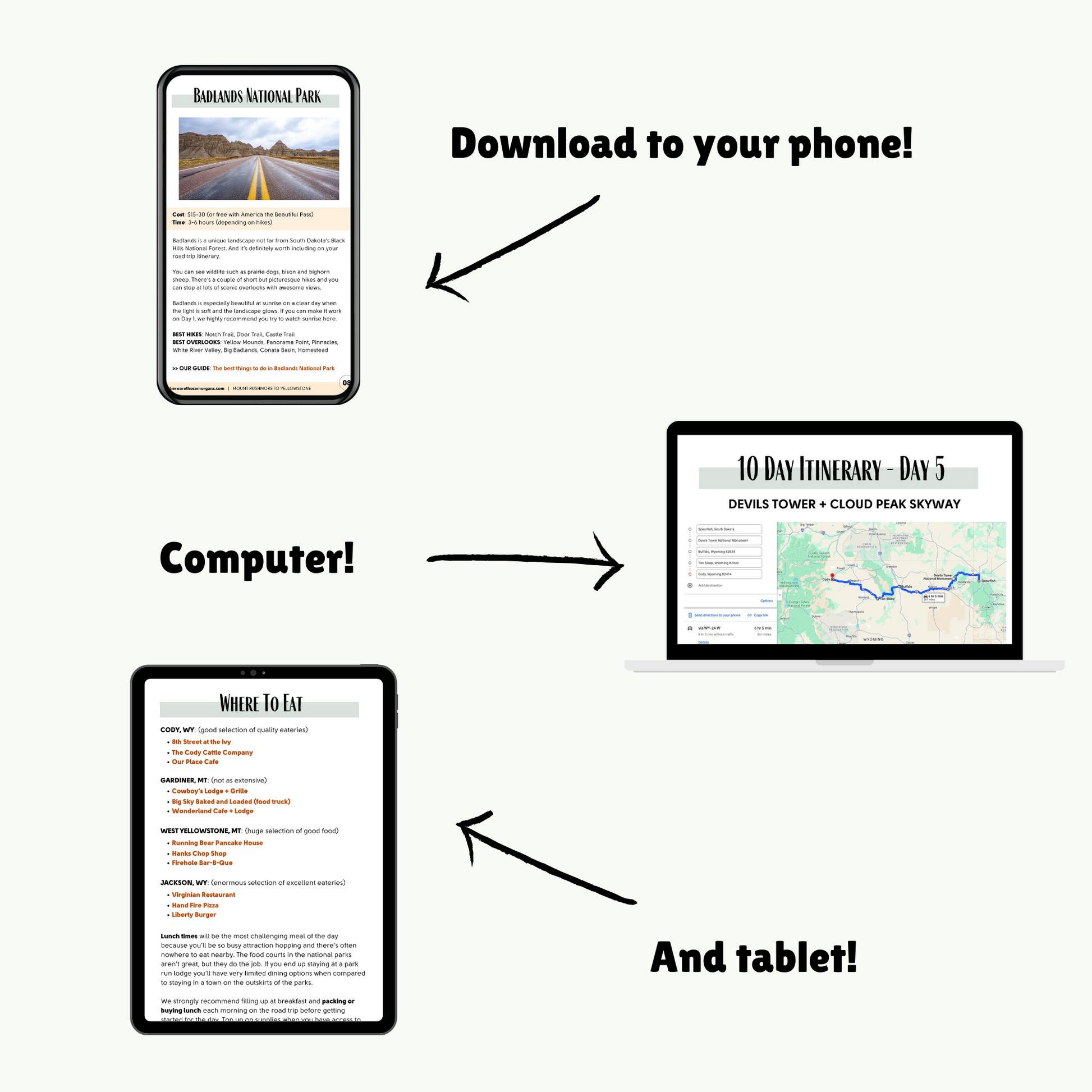 A guidebook being displayed as an example on phone, tablet and computer screens.