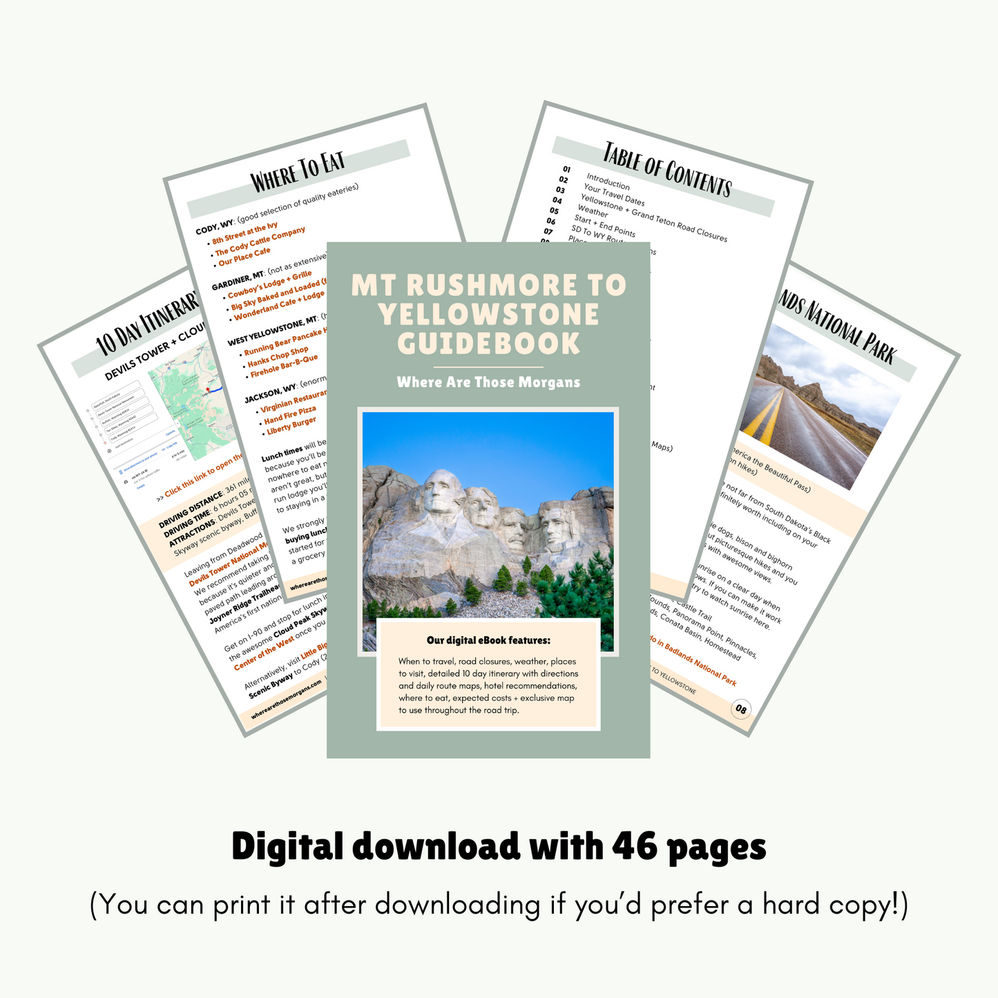 Front cover and 4 pages from a Mt Rushmore to Yellowstone road trip guidebook.