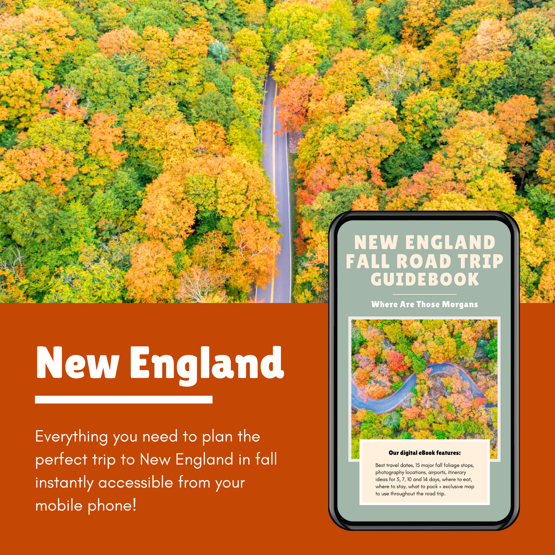 Photo of a road cutting through a forest with colorful leaves taken from a drone with a phone in the bottom corner displaying a guidebook and an orange color block with white text reading New England: Everything you need to plan the perfect trip to New England in fall instantly accessible from your mobile phone.