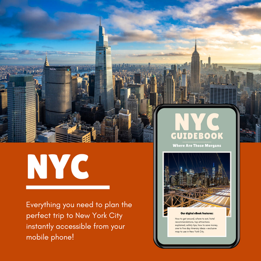 Photo of the New York City Skyline with a phone displaying a guidebook and an orange color block with white text reading NYC: Everything you need to plan the perfect trip to New York City instantly accessible from your mobile phone.