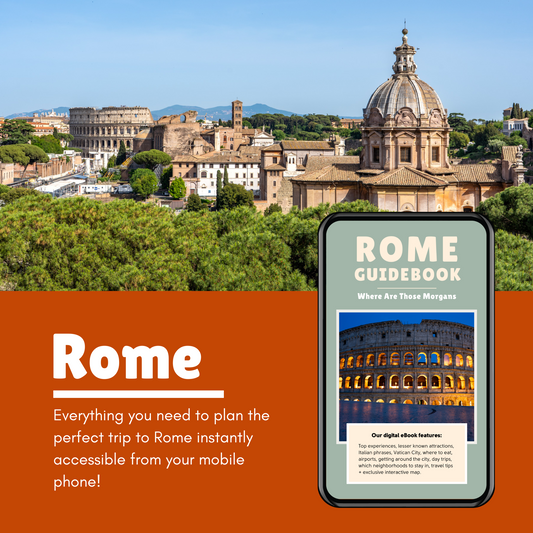 Photo of Rome with a mobile phone showing a guidebook and an orange color block with white text reading Rome: Everything you need to plan the perfect trip to Rome instantly accessible from your mobile phone.