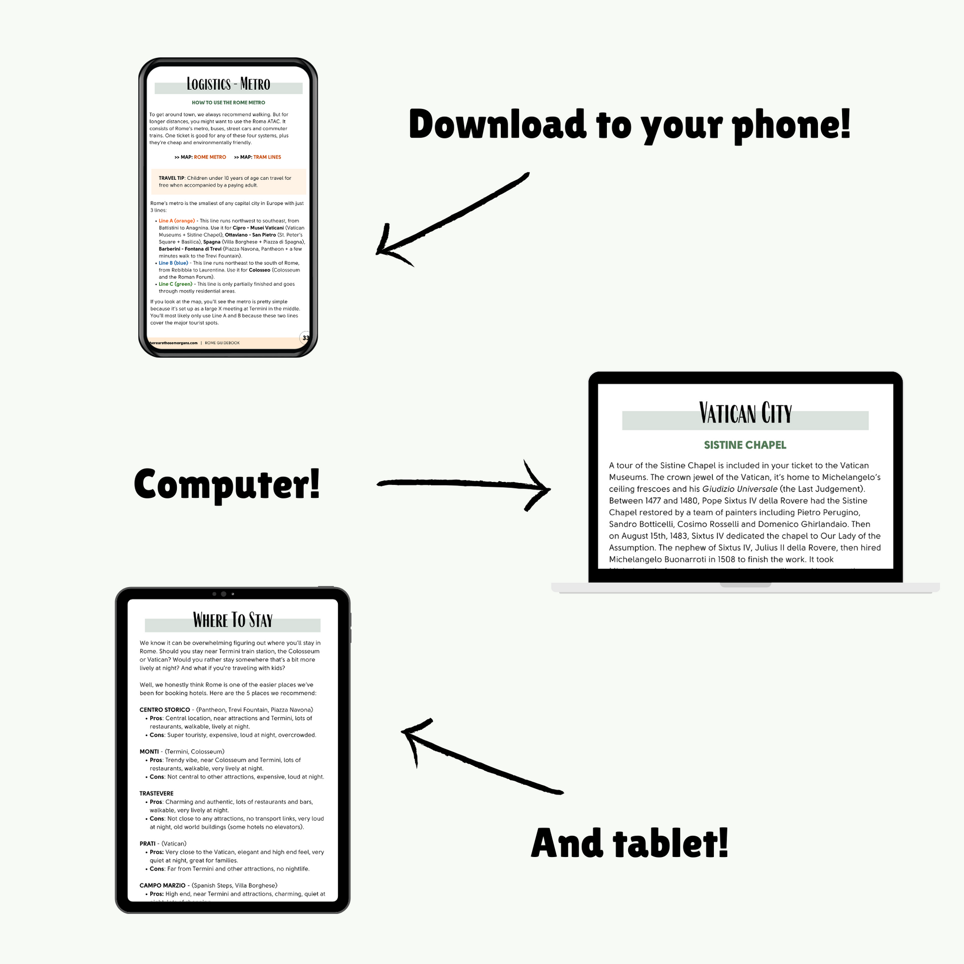 A guidebook being shown as examples on a smartphone, tablet and computer.