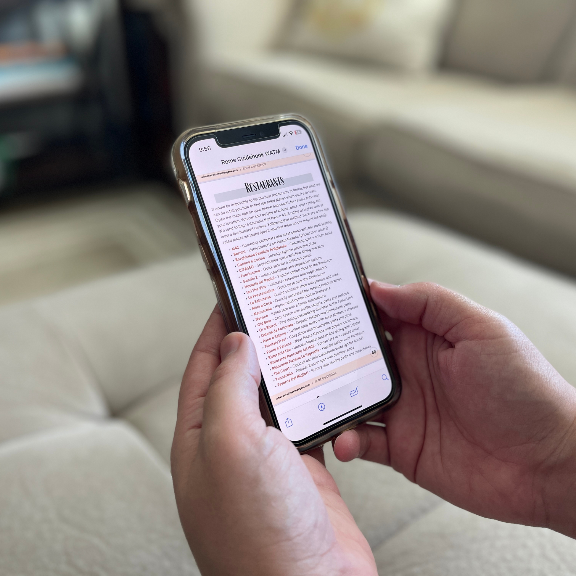 Hands holding a mobile phone displaying a guidebook.